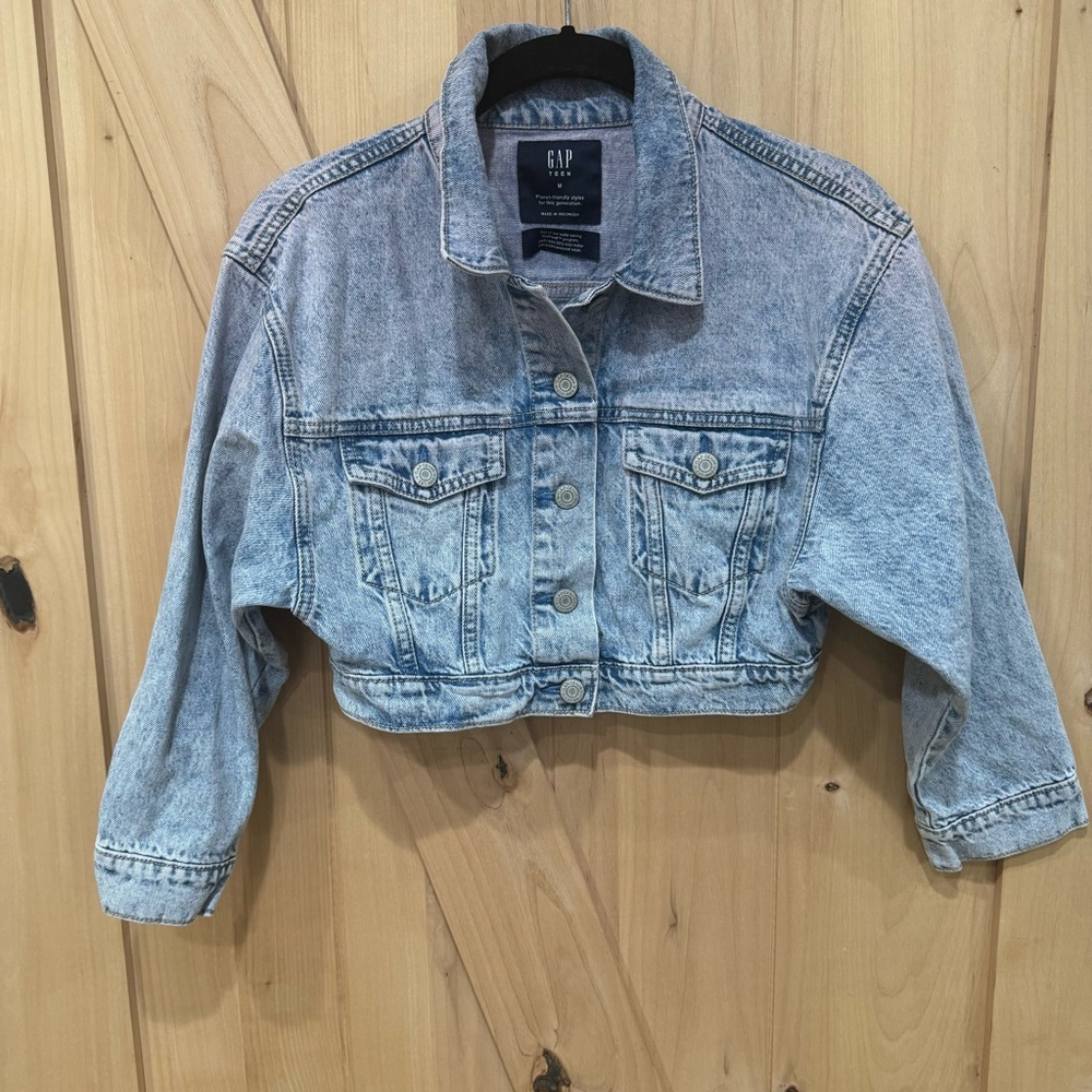 GAP Teen Cropped Icon Denim Jacket Kids Size Medium Blue Wash with Pink Dip-Dye